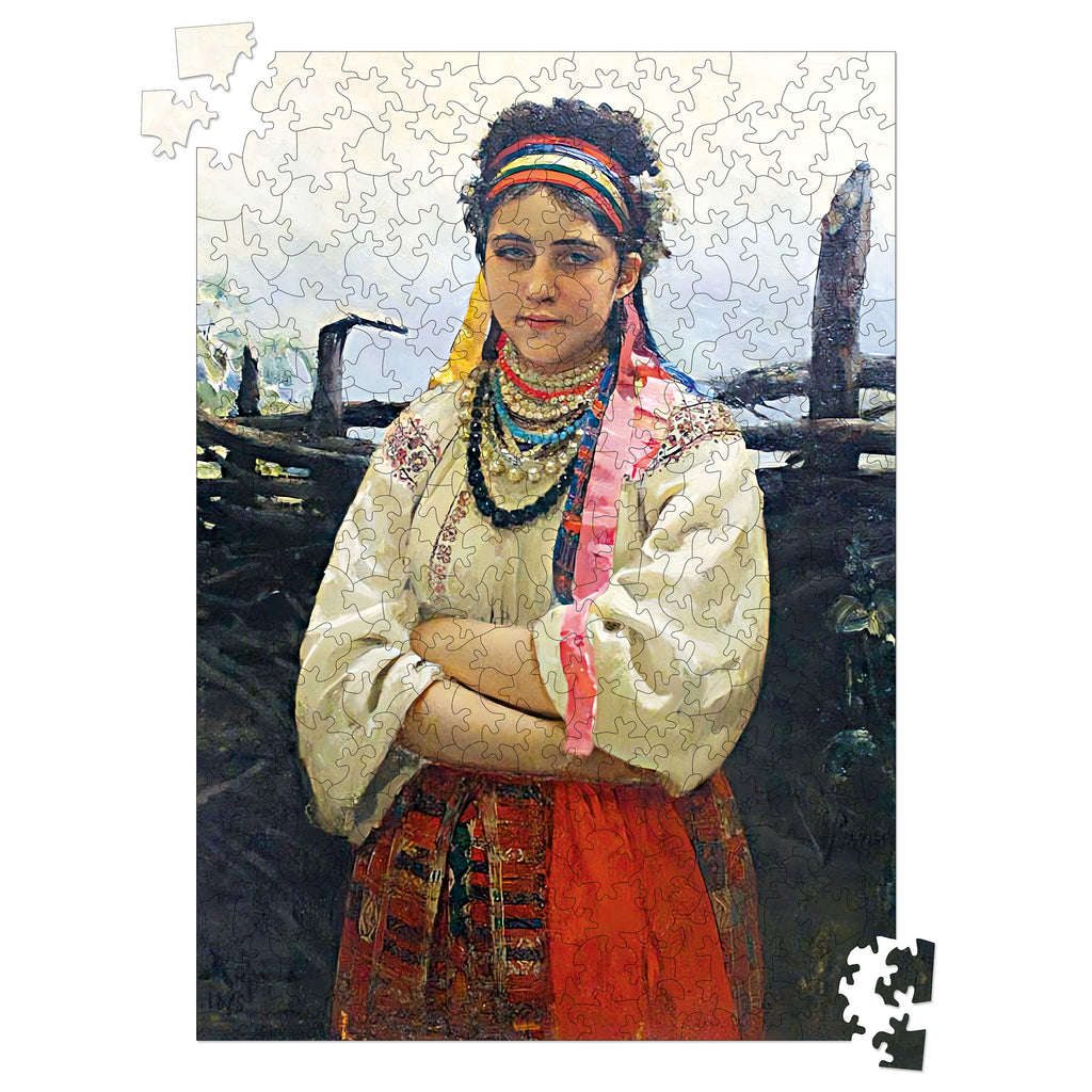 Wooden shaped puzzle "Ukrainian woman by the wattle fence. Ilya Repin" 300 pieces